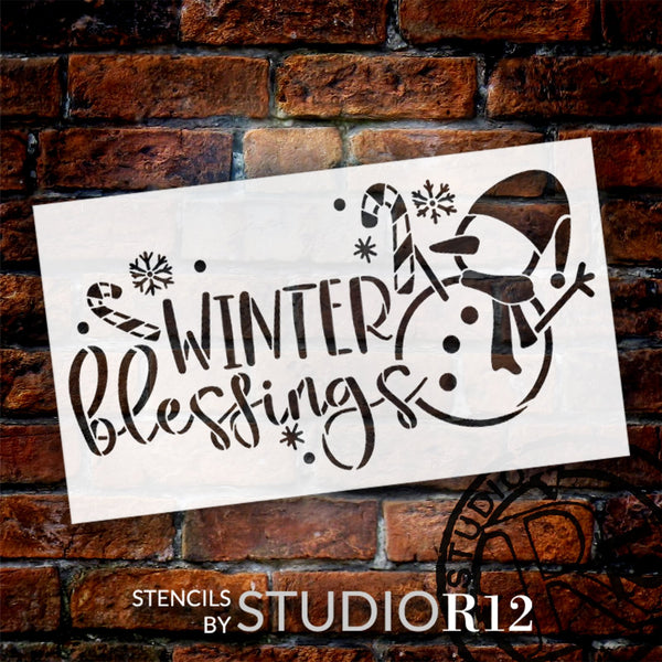 Winter Blessings Snowman Stencil with Candy Canes & Snowflakes by StudioR12 - Select Size - USA Made - Craft DIY Seasonal Home Decor | Paint Wood Sign | STCL6666
