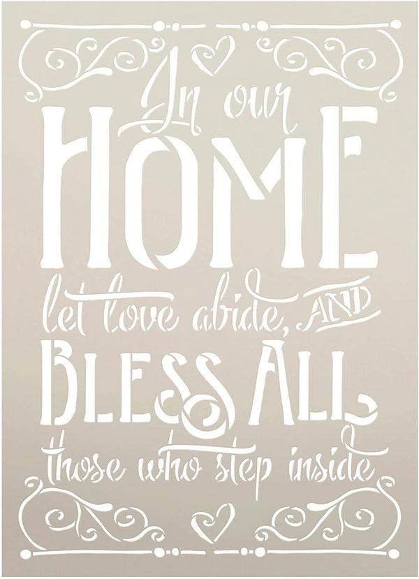 in Our Home - Bless All Stencil by StudioR12 | DIY Welcome Love Decor | Craft & Paint Wood Signs | Reusable Mylar Template | Cursive Script Heart Gift | Select Size (22.5 inches x 16.25 inches)