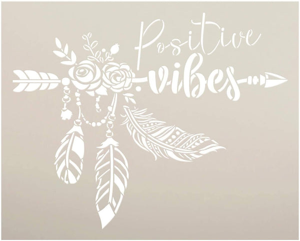 Positive Vibes Stencil by StudioR12 | DIY Boho Chic Home Decor | Craft & Paint Wood Sign Reusable Mylar Template | Bohemian Rose Feather | Select Size