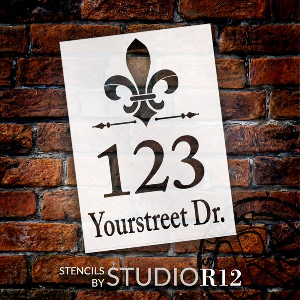 Personalized Fleur De Lis Script Address Stencil by StudioR12 | Craft & Paint DIY Custom House Number Wood Sign | Select Size | PRST5429