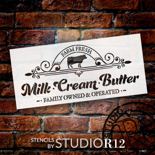 Family Owned Milk, Cream, and Butter Stencil by StudioR12 | Cow Silhouette | DIY Farmhouse Kitchen Decor | Paint Rustic Wall Hanging | Select Size | STCL6253