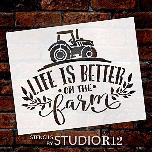 Life Better on Farm Stencil by StudioR12 | DIY Country Farmhouse Home Decor | Craft & Paint Wood Sign | Reusable Mylar Template | Tractor Laurel Cursive Script | Select Size | STCL3429