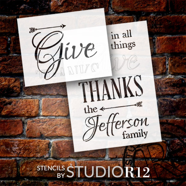 Personalized in All Things Give Thanks Stencil by StudioR12 - Select Size - USA Made - Craft DIY Custom Fall Home Decor | Paint Family Wood Sign | Reusable Mylar Template | STCL6581