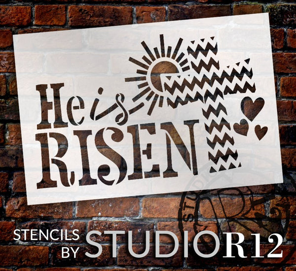 He is Risen Stencil with Chevron Cross by StudioR12 | DIY Spring Farmhouse Home Decor | Craft & Paint Faith Wood Signs | Select Size | STCL5551