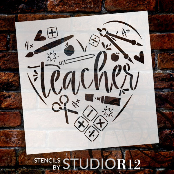 Teacher with Supplies Heart Stencil by StudioR12 | Craft DIY Classroom Decor | Paint Wood Sign for Educators | Reusable Mylar Template | Select Size | STCL6019