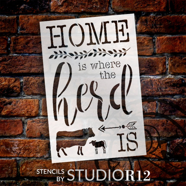 Home is Where The Herd is Stencil by StudioR12 | Paint Cow and Calf Silhouette with Arrow Sign | DIY Rustic Farmhouse Kitchen Decor | Select Size | STCL6256
