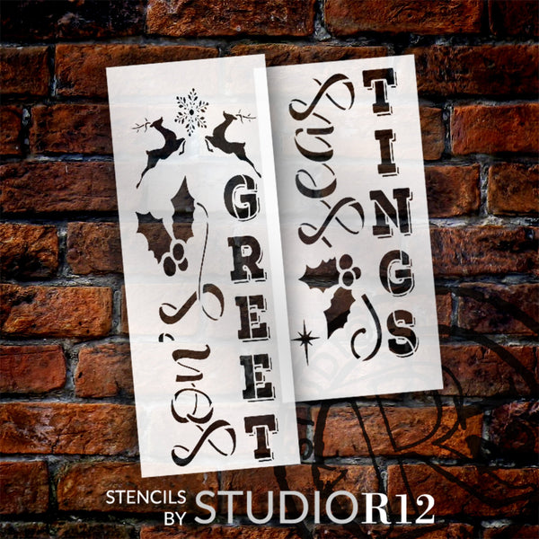 Season's Greetings Tall Porch Stencil by StudioR12 - Select Size - USA Made - Craft DIY Winter Welcome Leaner | Paint Seasonal Wood Sign for Porch, Patio | STCL6538