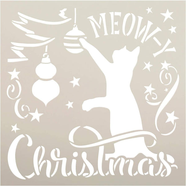 Meow-y Christmas Stencil by StudioR12 | DIY Cat Lover Holiday Home Decor | Craft & Paint Wood Sign | Reusable Mylar Template | Tree Ornament Star Cursive Script | Select Size