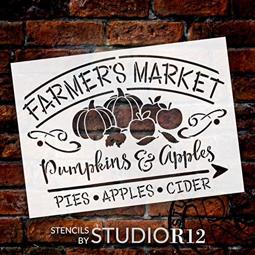 Farmer's Market Stencil with Pumpkin Pie & Apple Cider by StudioR12 | DIY Farmhouse Fall & Autumn Script Home Decor | Select Size