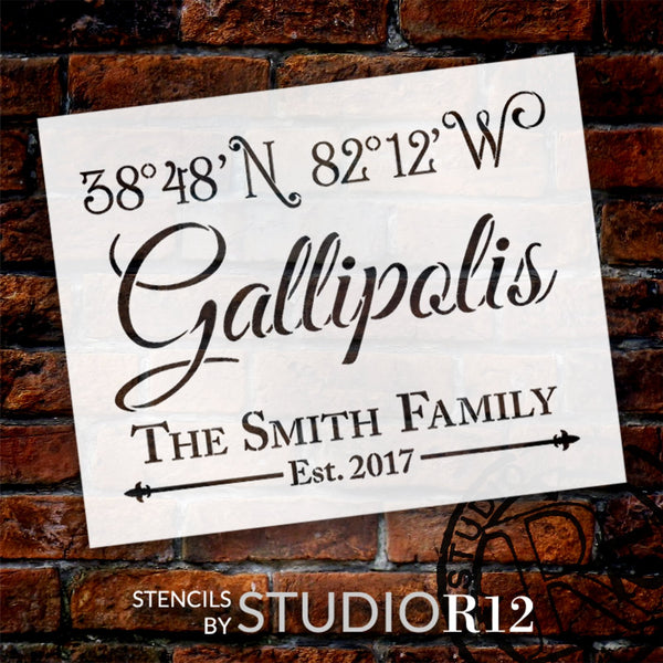 Personalized Family Coordinates Stencil by StudioR12 - Select Size - USA Made - Craft DIY Farmhouse Home Decor | Paint Custom Wood Sign for Wedding, Anniversary | Reusable Template | PRST5388