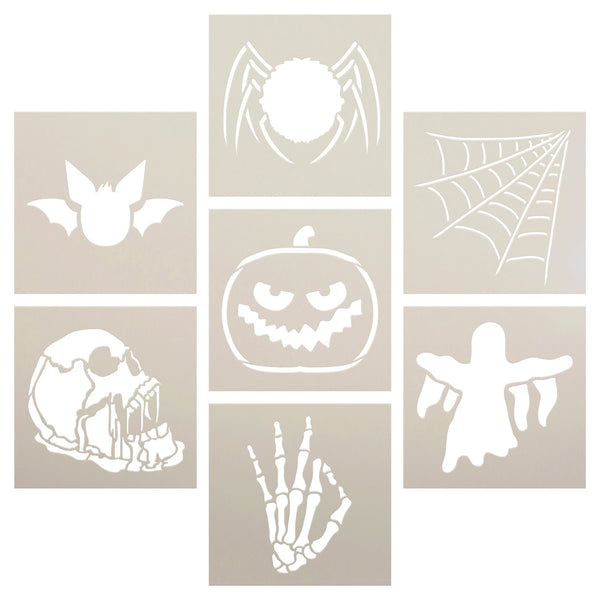 Halloween Stencil Set of 7 by StudioR12 | Spider Web, Bat & Skull | DIY Spooky Fall Home Decor | Paint Haunted Wood Signs | Select Size