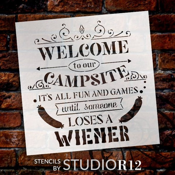 Welcome to Our Campsite - All Fun and Games Stencil by StudioR12 | DIY Home Decor | Craft & Paint Wood Sign | Reusable Mylar Template | Select Size