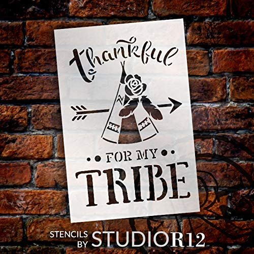 Thankful for My Tribe Stencil with Teepee by StudioR12 | DIY Tribal Pattern Family Home Decor | Boho Feather & Flower Word Art | Craft & Paint Wood Signs | Mylar Template | Select Size