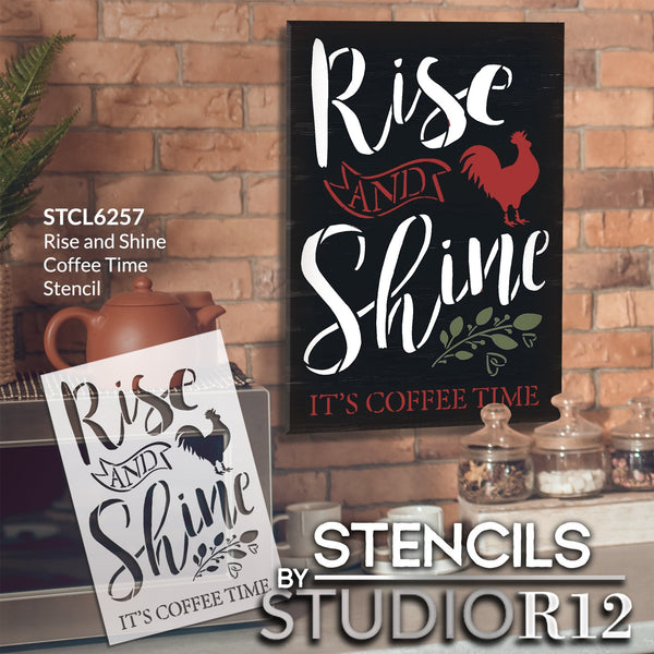 Rise and Shine Coffee Time Stencil by StudioR12 | Craft DIY Kitchen & Coffee Bar Home Decor | Paint Wood Sign | Reusable Mylar Template | Select Size | STCL6257