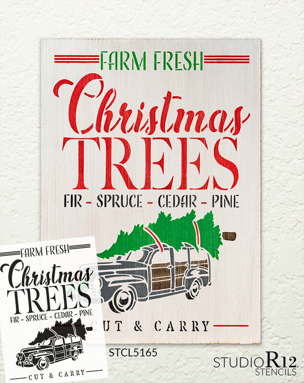 Christmas Trees Stencil with Truck by StudioR12 | Farm Fresh Fir Spruce Cedar Pine | DIY Farmhouse Christmas Decor | Select Size | STCL5165