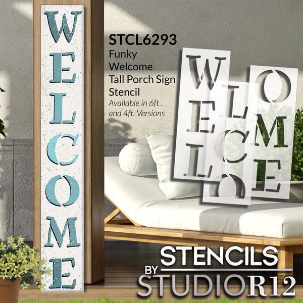 Funky Welcome Stencil by StudioR12 | DIY Outdoor Farmhouse Home Decor | Craft Vertical Wood Leaner Signs | Select Size | STCL6293