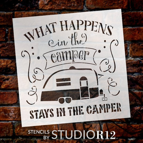 What Happens in The Camper Stencil by StudioR12 | DIY Camping Adventure Outdoor Home Decor | Craft & Paint Wood Signs | Select Size