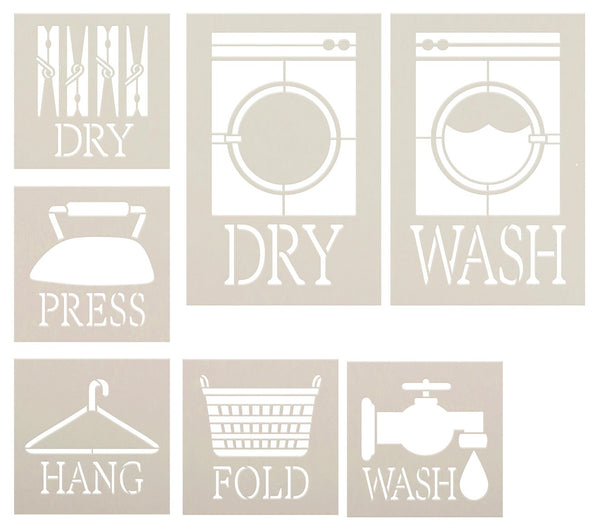 Laundry Room Symbols 7-Piece Stencil Set by StudioR12 | Wash Dry Fold Press Hang | DIY Home Decor | Craft & Paint Wood Sign | Reusable Mylar Template | CMBN507