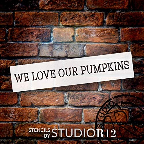 We Love Pumpkins Stencil by StudioR12 | DIY Fall & Autumn Seasonal Home Decor | Rustic Farmhouse Thanksgiving Word Art | Craft & Paint Wood Signs | Reusable Mylar Template | Select Size