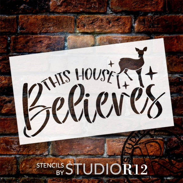 This House Believes w/ Deer & Stars Stencil by StudioR12 - Select Size - USA Made - Craft DIY Farmhouse Christmas Home Decor | Paint Holiday Wood Sign | STCL6665