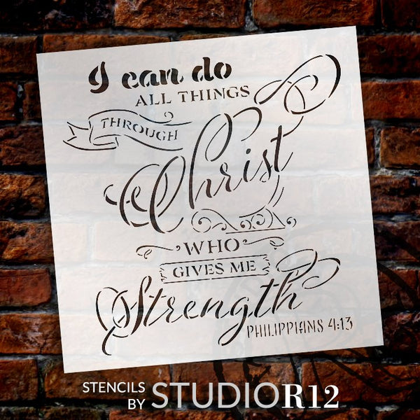 I Can Do All Things Through Christ Script Stencil by StudioR12 | Philippians 4:13 | DIY Faith Bible Verse Home Decor | Select Size STCL5353
