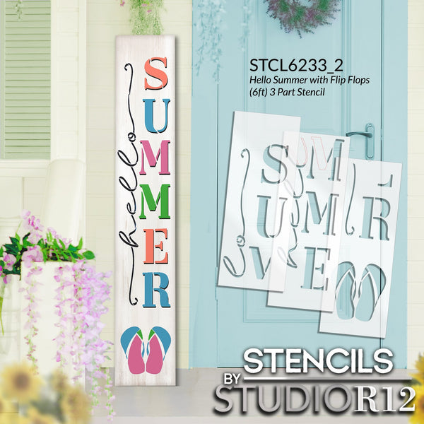 Hello Summer with Flip Flops Tall Porch Sign Stencil by StudioR12 | DIY Outdoor Summer Home Decor | Craft & Paint Vertical Wood Leaners | Select Size | STCL6233