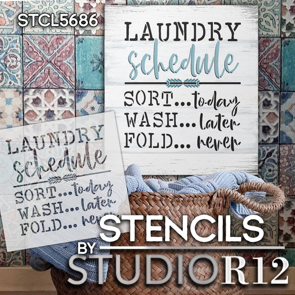 Laundry Schedule - Sort Wash Fold Stencil by StudioR12 | DIY Cleaning Home Decor | Craft & Paint Wood Sign | Reusable Mylar Template | Select Size | STCL5686