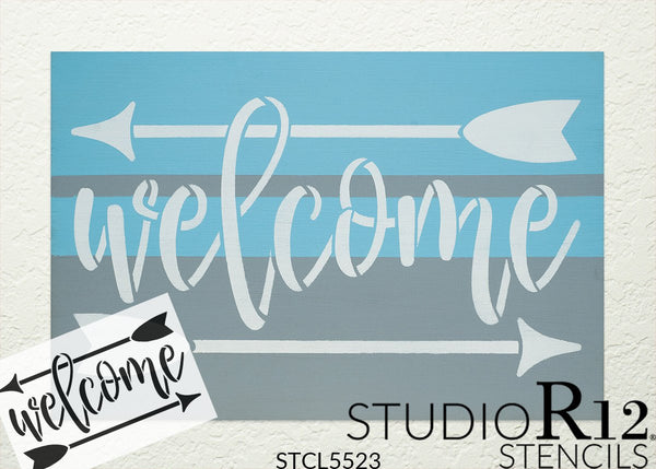 Welcome Script Stencil with Arrows by StudioR12 | DIY Farmhouse Doormat | Craft & Paint Cursive Country Home Decor | Select Size | STCL5523