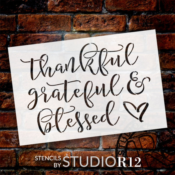 Thankful Grateful & Blessed Stencil by StudioR12 | Craft DIY Fall Home Decor | Paint Cursive Script Wood Sign | Reusable Mylar Template | Select Size | STCL5840