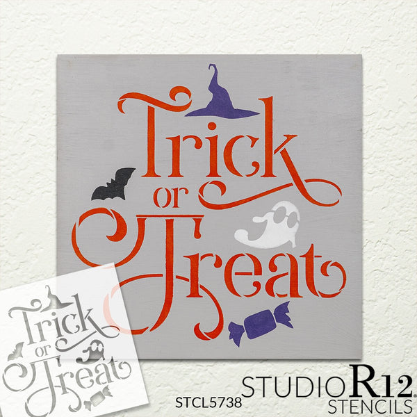 Trick or Treat Halloween Stencil by StudioR12 | DIY Autumn Fall Home Decor | Craft & Paint Square Wood Sign | Reusable Mylar Template | Select Size | STCL5738