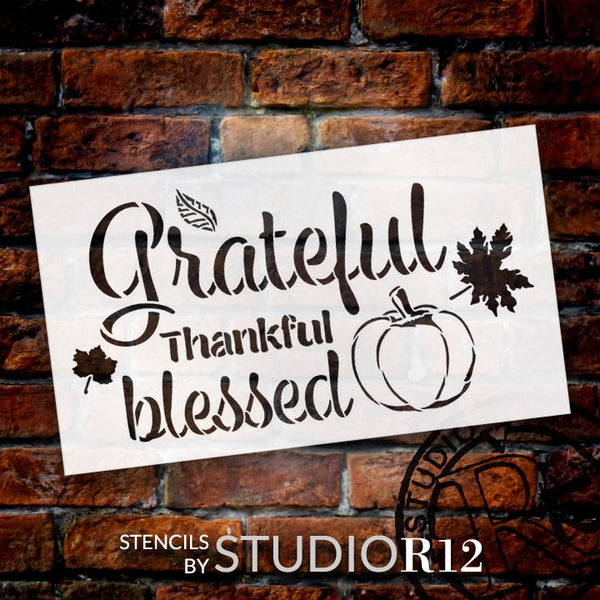 Grateful Thankful Blessed Stencil with Pumpkin by StudioR12 | DIY Fall Faith & Autumn Home Decor | Craft & Paint | Select Size STCL5343