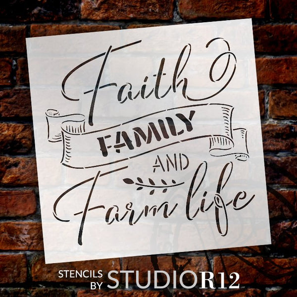 Faith, Family, and Farm Life Stencil by StudioR12 | DIY Country Farmhouse Home Decor | Craft & Paint Rustic Wood Signs | Select Size STCL5299