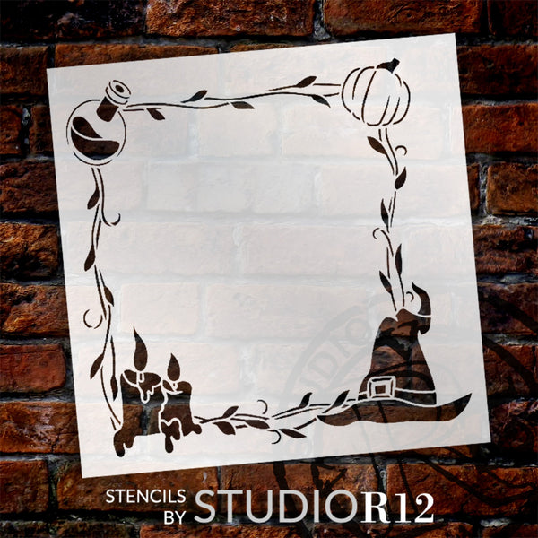 Witch Square Frame Stencil by StudioR12 - Select Size - USA Made - Craft DIY Spooky Halloween Home Decor | Paint Fall Autumn Pumpkin Wood Sign | Reusable Mylar Template | STCL6484