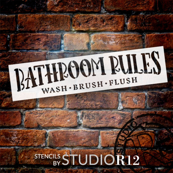 Bathroom Rules Stencil by StudioR12 | Wash Brush Flush | Craft DIY Jumbo Farmhouse Bathroom Wall Decor | Paint Extra Large Wood Signs | Select Size | STCL6167