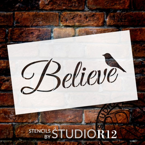 Believe Word Stencil with Bird by StudioR12 | Reuseable Mylar Template | Use to Paint Wood Signs - Wall Art - Pallets - Pillows - DIY Faith Inspiration Home Decor - SELECT SIZE (30