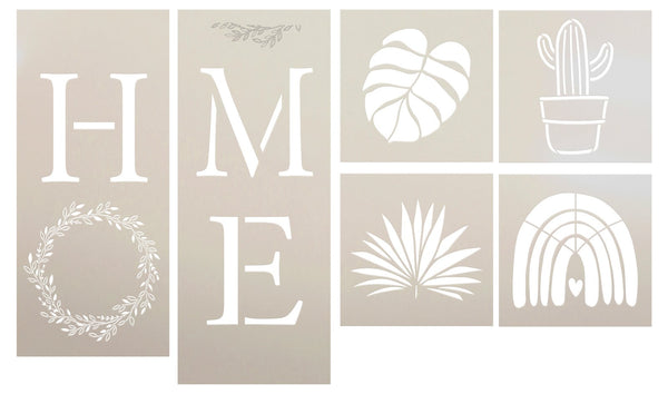 Home Tall Porch Sign Stencil Set by StudioR12 - 4ft - USA Made - DIY Outdoor Boho Porch Decor | Rainbow, Monstera Leaf, Cactus | Paint Reversible Leaner Signs | CMBN672