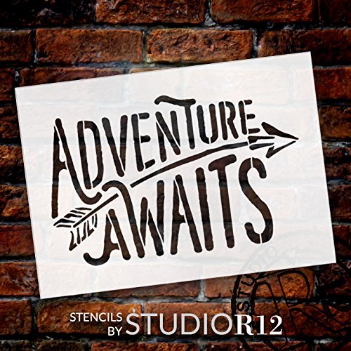 Adventure Awaits Stencil by StudioR12 | Rustic Curved Word Art - Reusable Mylar Template | Painting, Chalk, Mixed Media | Use for Wall Art, DIY Home Decor - CHOOSE SIZE (13
