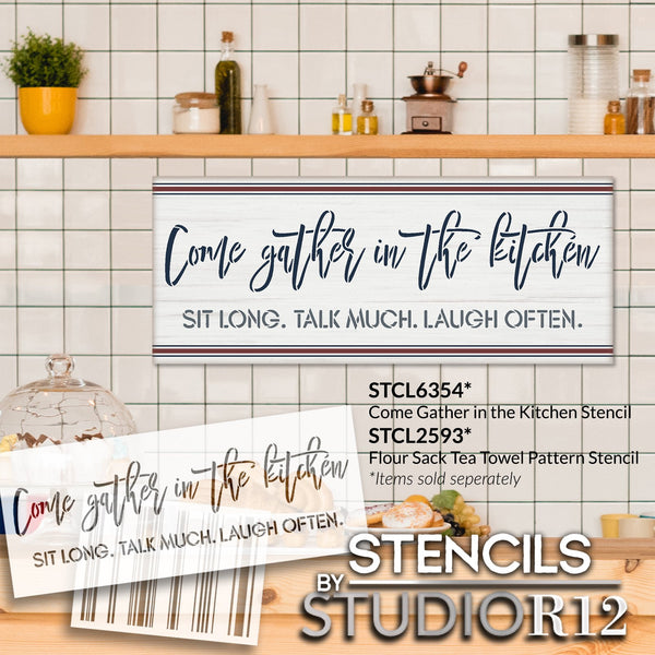 Come Gather in The Kitchen Script Stencil by StudioR12 | Craft DIY Rustic Farmhouse Kitchen Decor | Paint Wood, Canvas or Fabric Sign | Select Size | STCL6354