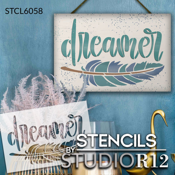 Dreamer with Feather Stencil by StudioR12 | Craft DIY Boho Home Decor | Paint Wood Sign | Reusable Mylar Template | Select Size | STCL6058