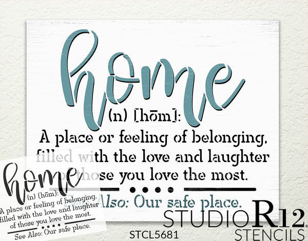 Home Definition Stencil by StudioR12 | Belonging Love Laughter | Craft DIY Family Home Decor | Paint Wood Sign | Reusable Mylar Template | Select Size | STCL5681