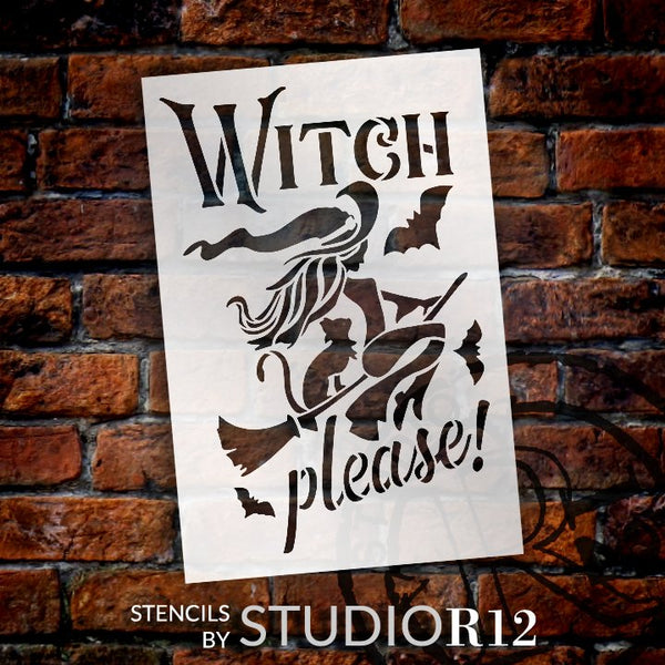 Witch Please Stencil by StudioR12 | Bat - Broomstick - Cat | Craft DIY Halloween Home Decor | Paint Wood Sign | Reusable Mylar Template | Select Size | STCL5721