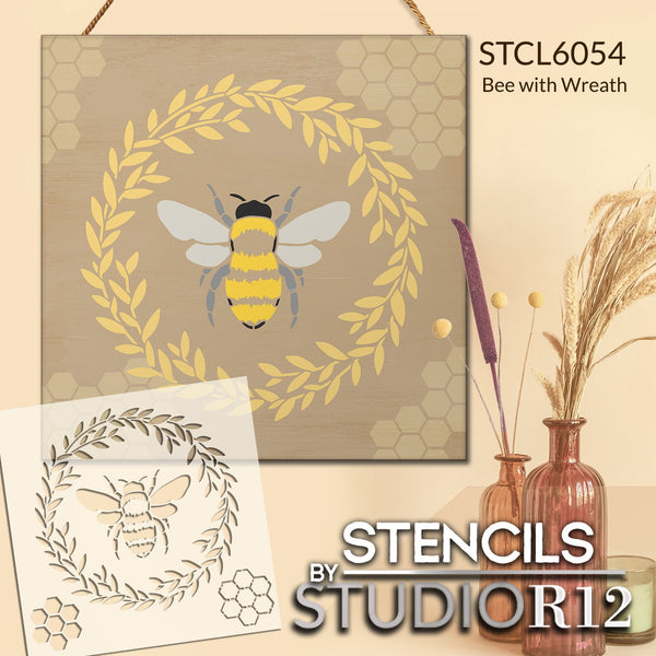 Bee with Wreath Stencil by StudioR12 | Craft DIY Spring Home Decor | Paint Wood Sign | Reusable Mylar Template | Select Size | STCL6054