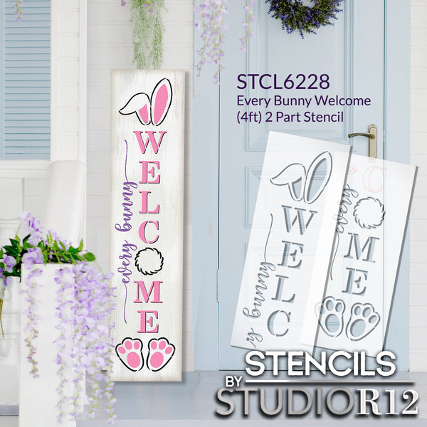 Every Bunny Welcome Tall Porch Stencil by StudioR12 | DIY Outdoor Spring & Easter Home Decor | Craft & Paint Vertical Wood Leaners | Select Size | STCL6228