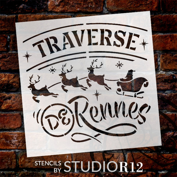Traverse de Rennes Stencil with Santa's Sleigh by StudioR12 - Select Size - USA Made - Craft DIY French Home Decor | Paint Christmas Wood Sign | STCL6515