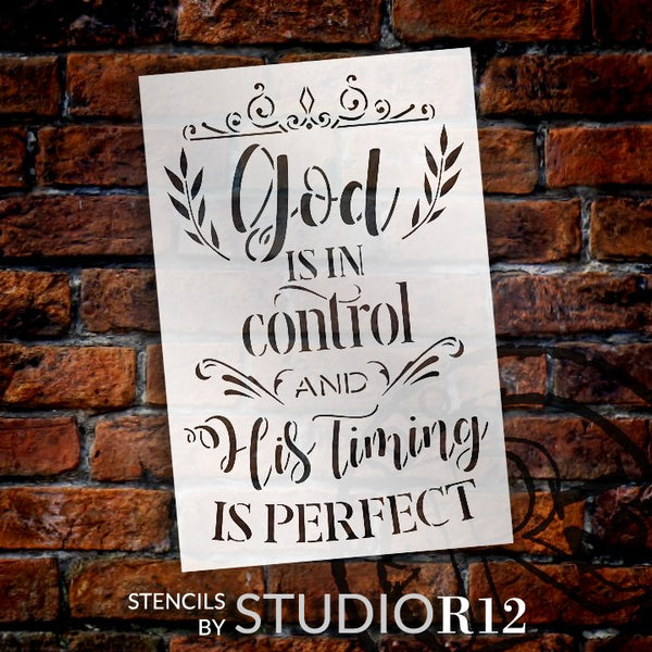 God is in Control His Timing is Perfect Stencil with Laurels by StudioR12 | DIY Inspirational Faith Quote Home Decor | Select Size