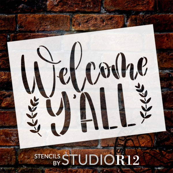 Welcome Y'all with Laurels Stencil by StudioR12 | Craft DIY Farmhouse Home Decor | Paint Wood Sign | Reusable Mylar Template | Select Size | STCL5957