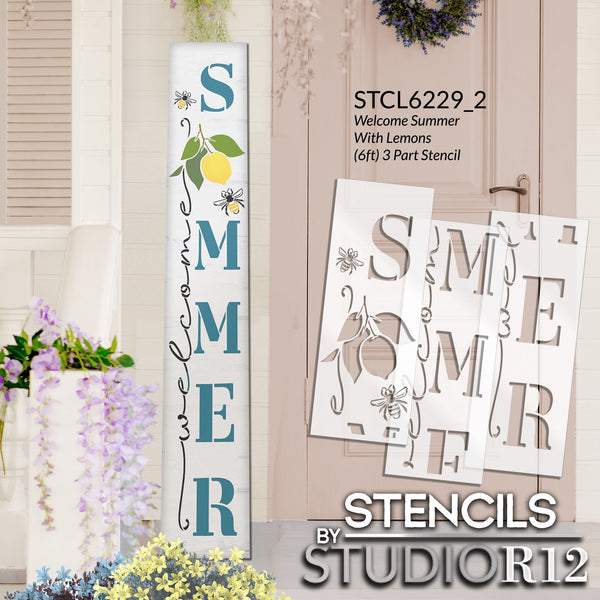 Welcome Summer Tall Porch Stencil with Lemons & Bees by StudioR12 | DIY Outdoor Front Door Decor | Craft & Paint Wood Leaner Sign | Select Size | STCL6229