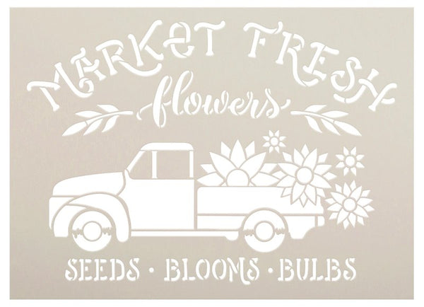 Market Fresh Flowers Stencil with Sunflower & Vintage Truck by StudioR12 | DIY Home Decor | Craft & Paint Wood Signs | Select Size | STCL5549