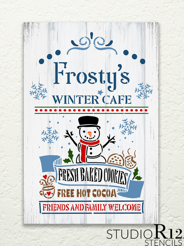 Frosty's Winter Cafe Stencil by StudioR12 | DIY Holiday Home & Kitchen Decor | Hot Cocoa & Coffee Bar | Paint Wood Signs | Select Size | STCL5883