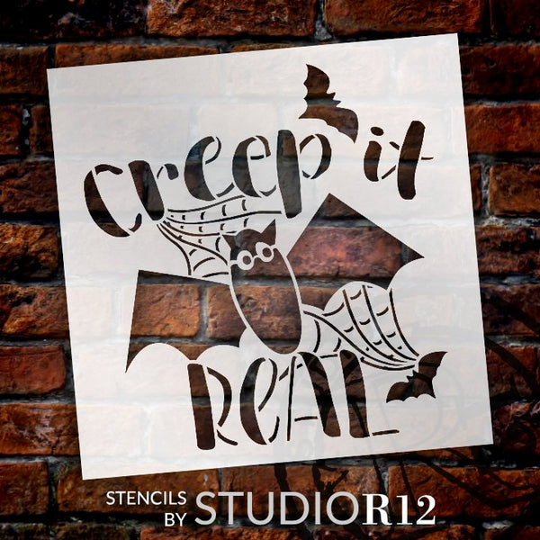 Creep It Real Stencil by StudioR12 | Bat - Spiderweb | DIY Fall Halloween Home Decor | Craft & Paint Wood Sign | Reusable Mylar Template | Select Size | STCL5724